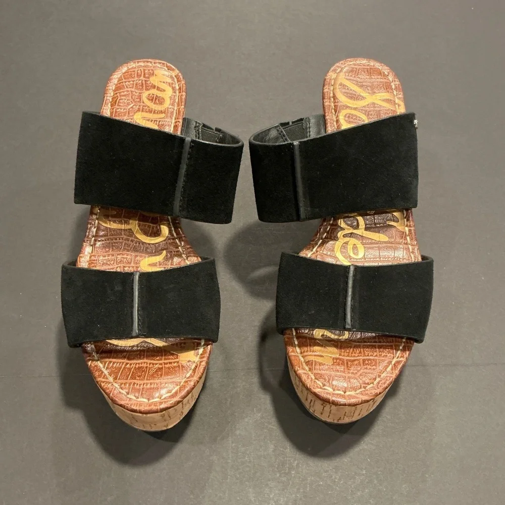 Sam Edelman Damara Black Suede Cork Wedge Sandals Women’s Size 9